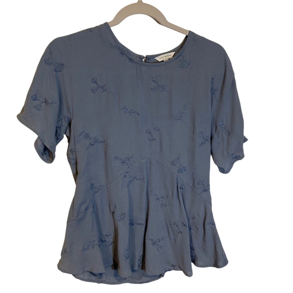 Lucky Brand Blue Embroidered Peplum Short Sleeve Blouse‎ Small Embroidered